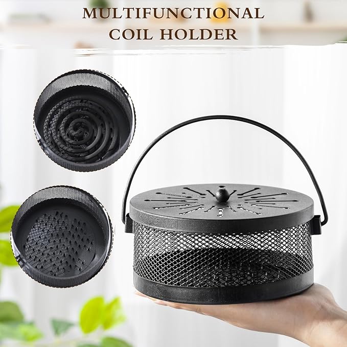 Lallisa 2 Pieces Mosquito Coil Holder Incense Coil Holder Round Retro Portable Metal Hanging Incense Burner Holders with Handle for Home Indoor Outdoor Camping Patio (Black)