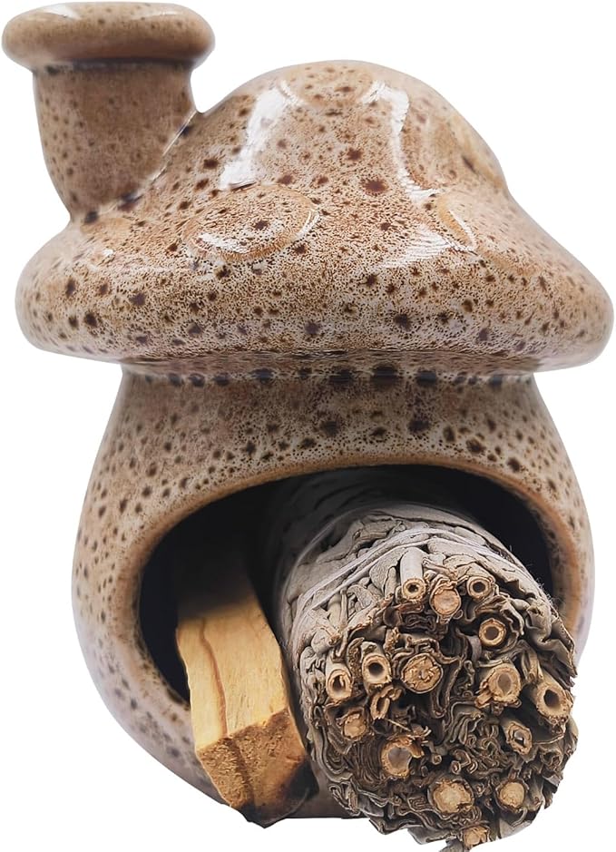 Palo Santo Holder and Sage Burner,Ceramic Mushroom Incense Cone Burner,Mini Chiminea Sage Ash Catcher, Smudge Bowl for Yoga Meditation Home Decor,Speckled White