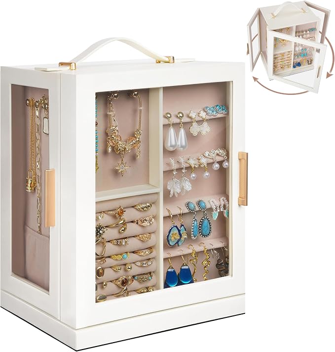360° Rotating 5‑Drawers Jewelry Box with Top Handle & Glass Window, Spacious Vertical Jewelry Organizer, Jewelry Storage Case, Dustproof & Moisture‑resistant Design. (White)