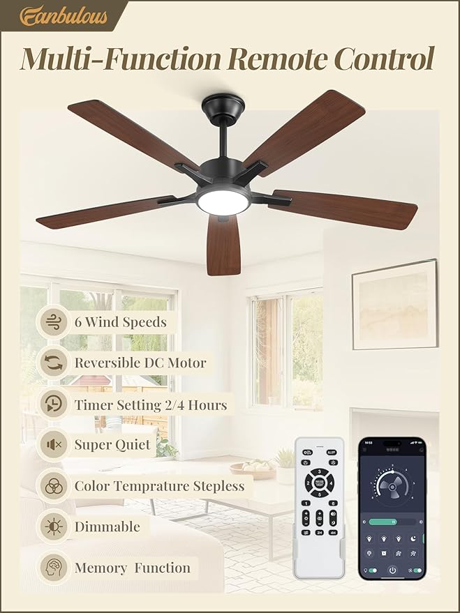 Fanbulous 52 Inch Ceiling Fans with Lights and Remote, Stepless Color Temperature Change & Dimmable 20W LED Ceiling Fan, 6 Speeds Reversible Quiet DC Motor for Bedroom, Living Room, Apartment, Black