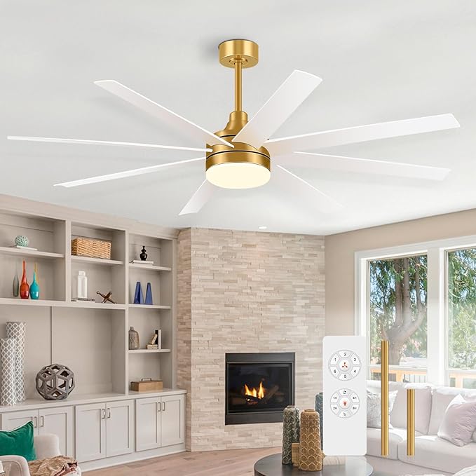 65 Inch Ceiling Fan with Lights and Remote, 8 ABS Blades, Quiet Reversible DC Motor, 6-Speed, Timer Function, 3 Color Led Light Chandelier, Industrial Ceiling Fans for Bedroom Office (Gold & White)