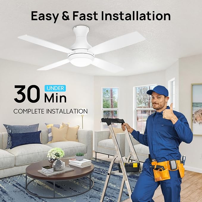 Consciot Ceiling Fan With Lights, 52 Inch Modern Low Profile Ceiling Fan, Remote Control, Quiet Reversible DC Motor, Dimmable 3 Color, 4 Double Finish Blades, Flush Mount, Indoor Only, White