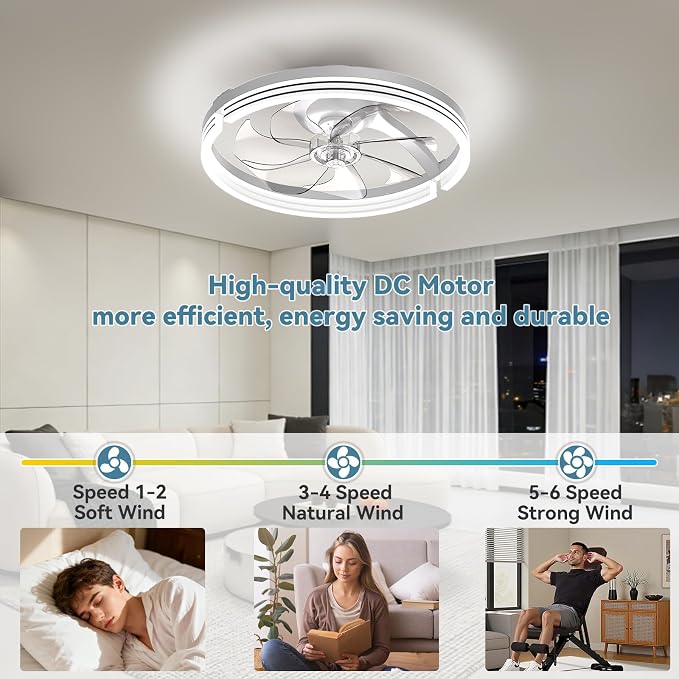AIKVSXER Ceiling Fans with Lights and Remote, 20'' Low Profile Ceiling Fan with APP Control, 3000K-6500K Dimmable, Quiet Reversible DC, Modern Flush Mount Fandelier for Bedroom (White-Stripe)