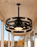 Roomratv 20" Outdoor Ceiling Fan with Light, Black Caged Ceiling Fan with Remote,Modern Enclosed Hanging Fan,IP65 Waterproof Plug in Fan for Gazebos, Patios and Porches