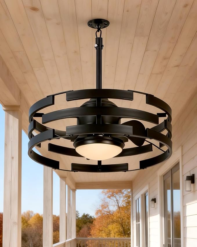 Roomratv 20" Outdoor Ceiling Fan with Light, Black Caged Ceiling Fan with Remote,Modern Enclosed Hanging Fan,IP65 Waterproof Plug in Fan for Gazebos, Patios and Porches