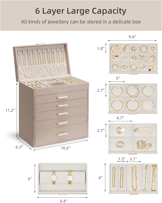 VLANDO 6 Layer Large Jewelry Box - Jewelry Holder Organizer, Jewelry Box Organizer for Drawer Necklace Ring Bracelet and Watch, Birthday Gift for Loved Ones - Toffee