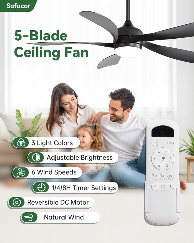 Sofucor 52 Inch Ceiling Fans with Lights and Remote, Outdoor Ceiling Fan with Light 6-Speed 3 CCT 3-Timer, Black Low Profile Ceiling Fan 5 Blade Reversible DC Motor for Living Room Bedroom Patio
