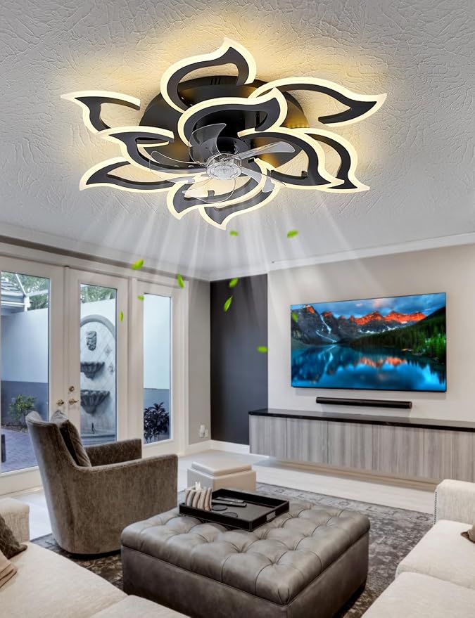 Ceiling Fans with Lights and Remote, 32Inch Modern Low Profile Ceiling Fan with App Control, Dimmable LED Flush Mount Ceiling Fan Lights, Ceiling Fans for Livingroom，Diningroom, Kitchen, Indoor-Black