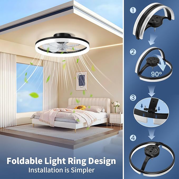 CHAREADA Ceiling Fan with Light, 20" Modern Low Profile Foldable Ceiling Fans with 6 Wind Speeds, Dimmable Smart Ceiling Fan Light with Remote for Bedroom, Kids Room and Living Room(Black)
