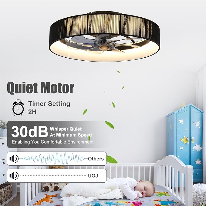 19.6'' Farmhouse Dimmable Ceiling Fan with Lights and Remote Control,Flush Mount Boho Ceiling Fan with Light,chandelier with fabric shades,LED Light 3 Color Temperatures 6-Speed Timer for Bedroom