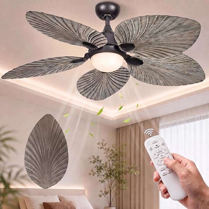 52" Modern Tropical Ceiling Fan with Light and Remote for Bedroom | LED Dimmable Tri-Color Temperature, 5 Blade Ceiling Fans Reversible, 6 Speeds w/Quiet DC Motor, living room, bedroom, kitchen