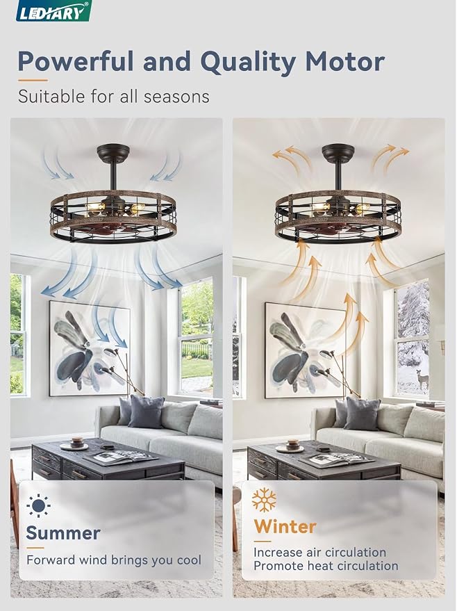 LEDIARY 22 Inch Caged Ceiling Fan with Light, Fandelier Farmhouse Ceiling Fan with Remote, Small Bladeless Fan Lights Ceiling Fixtures for Kitchen, Bedroom, Outdoor-Black and Gold