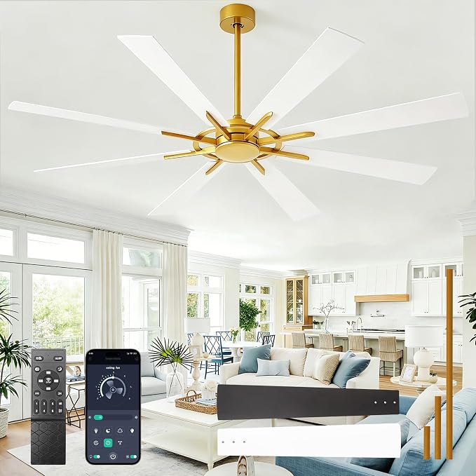 Ceiling Fan Without Light: 72 Inch Big Indoor Outdoor Fan with Remote APP Control - Brass White Large Ceiling Fan no Light 8 Blade Reversible Quiet DC Motor Memory Function Timer