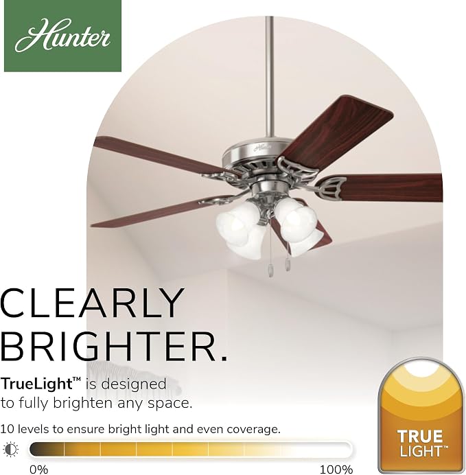 Hunter Studio Series, Indoor, Ceiling Fan, Quiet, 52 inch, Brushed Nickel | with LED Lights and Pull Chain, Standard Mount, 5 Blades, For Bedroom, Living Room, Kitchen, 53064