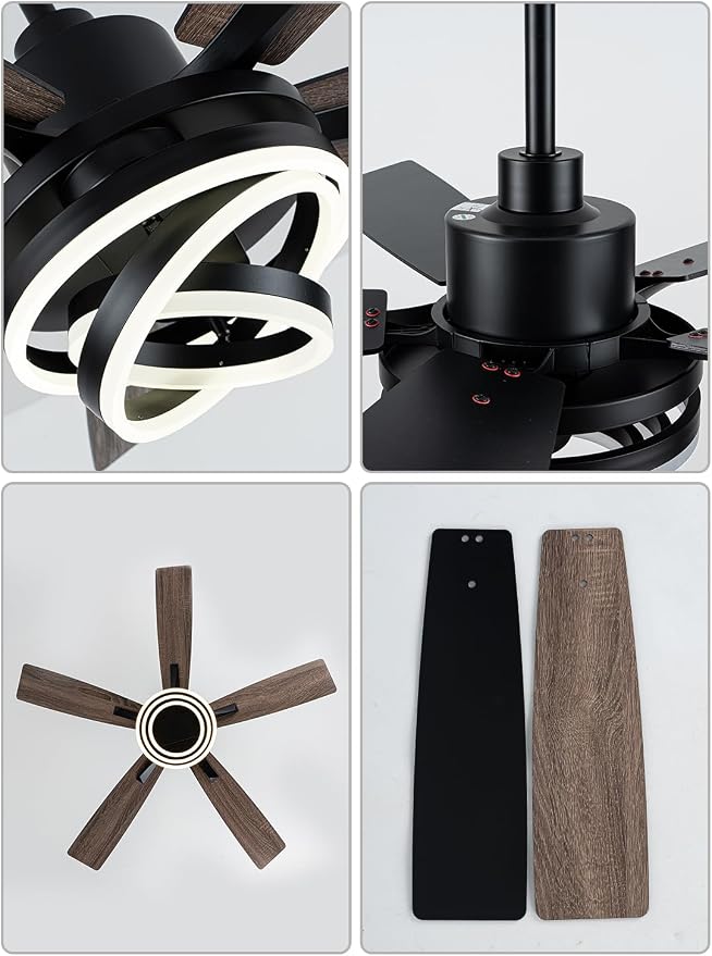 Bella Depot 52" Modern Black Ceiling Fan with Light and Remote, Chandelier Fan Light for Living Room Bedroom Office Indoor Patio