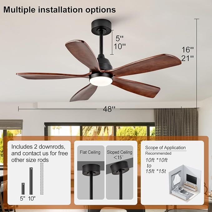 48 Inch Ceiling Fans with Lights and Remote, 5 Blades, Wood Ceiling Fan with Light, Dimmable, Wall Switch, Reversible DC Motor, Modern Indoor Outdoor Ceiling Fan for Patio Office Dining Room