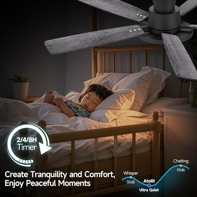 Ceiling Fans with Lights,52 inch,Quiet,Reversible Motor,Dimmable, Adjustable Color Temperature,6 Speeds,Timer, Low Profile Ceiling Fan for Bedroom,Living Room,Indoor/Outdoor Use(Gray)