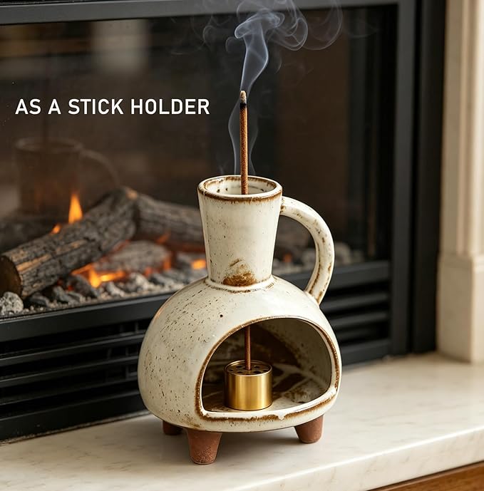 Ceramic Incense Holder, Mini Palo Santo Burner Chimney for Palo Santo Sticks, Cone Incense and Sage Smudging, Handmade Cone Incense Holder Burner for Yoga, Meditation, and Energy Cleansing (Retro 01)