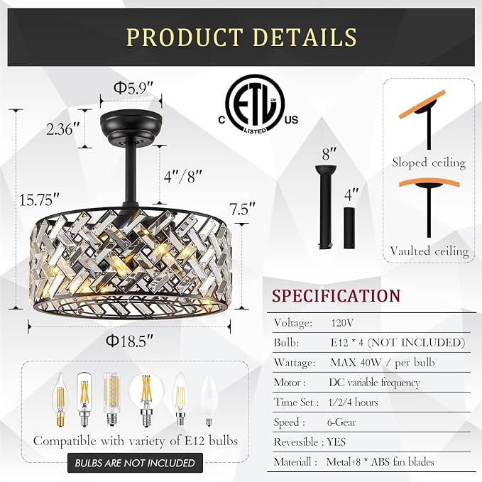 Modern Caged Ceiling Fan with Light Crystal Fandelier with Remote Control 18” Black Flush Mount Ceiling Fan DC Motor with Reversible 8 Blades 6 Speeds for Bedroom Dining Room Kitchen