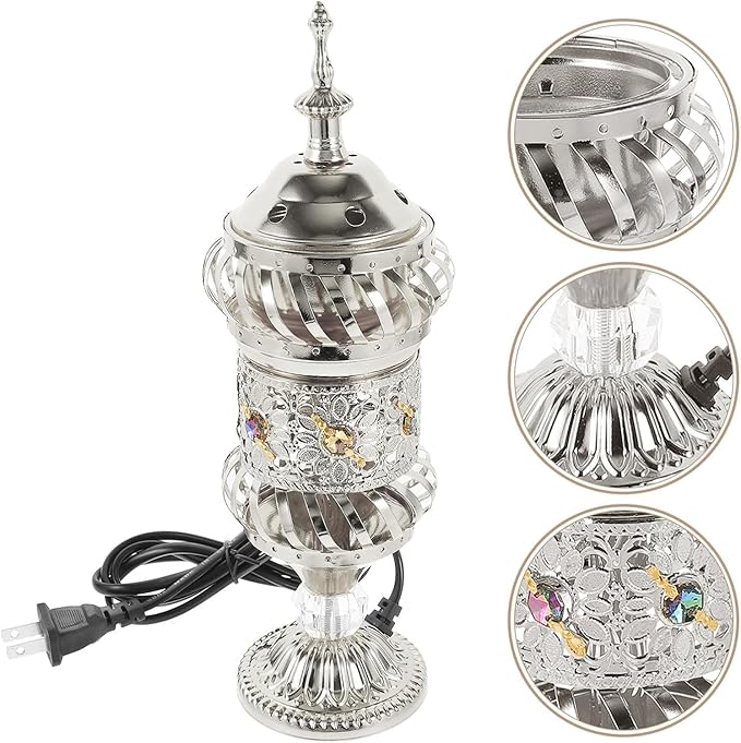 RCFINE Electric Incense Burner Bakhoor Metal Incense Burner Middle Eastern Style Arabic Incense Burner for Aromatherapy Yoga Spa Home Tabletop Decoration (Silver)