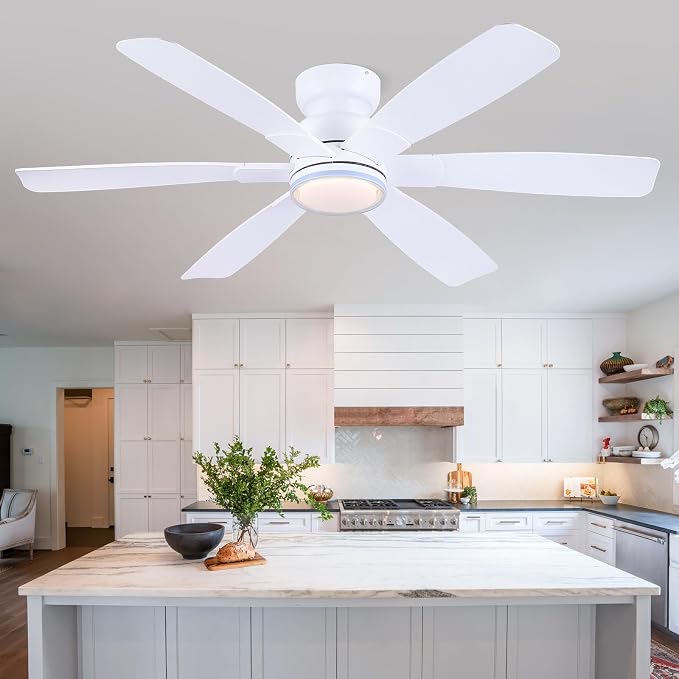 Kviflon 52" Modern Ceiling Fans with RGB Lights Remote/APP Control, Low Profile Flush Mount Ceiling Fan, 6 Reversible Plastic Blades 6 Speeds, RGB + 3 CCT Dimmable Lights for Bedroom Kidsroom, White