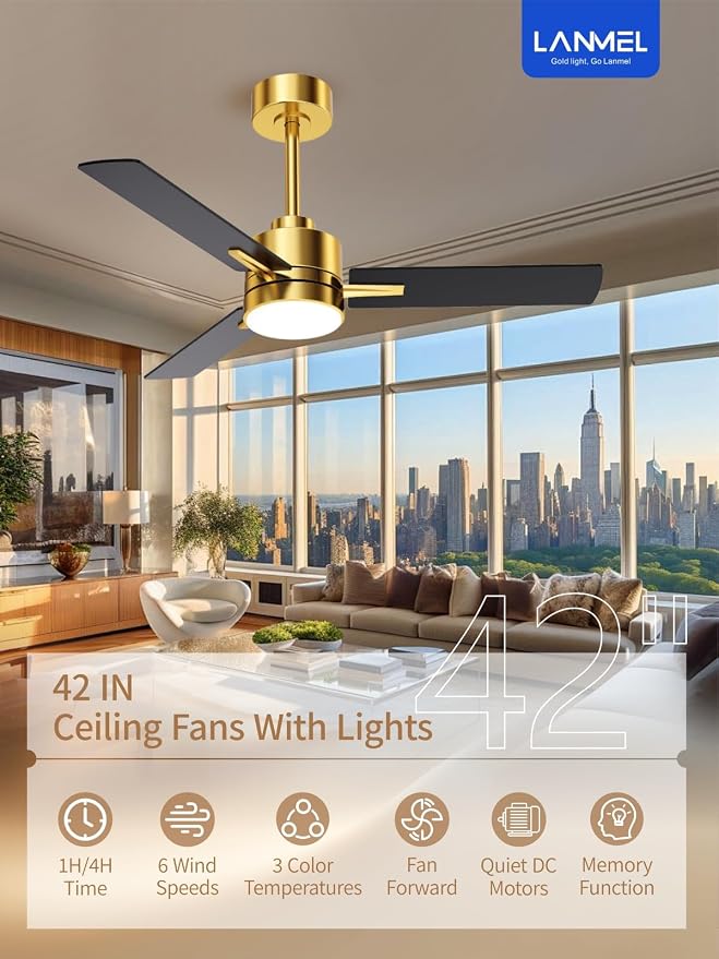 LANMEL 42'' Black and Gold Ceiling Fans with Lights and Remote, 6 Speed Low Profile Modern Ceiling Fan with Quiet DC Motor for Indoor Outdoor Bedroom Living Room