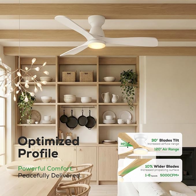52in Smart Flush Mount Ceiling Fans with Lights,Outdoor Low Profile White Ceiling Fan Quiet DC Motor,Work with Alexa/Gg Voice Control/App/Remote,Dimmable,6-speed,3 Wood blades Fan for Patio,Porch