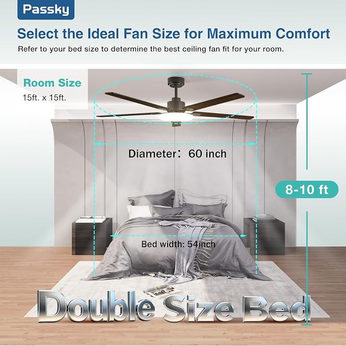 Passky Ceiling Fans with Lights, 60 inch Sleek Ceiling Fan with Light and Remote Control, 3CCT, Dimmable, Reversible, Noiseless, Black Ceiling Fan for Bedroom, Living Room