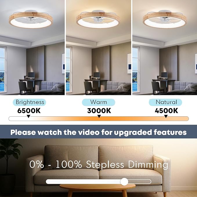 Fszdorj 24'' Ceiling Fan with Light and Remote, Low Profile Ceiling Fan with Light, Dimmable Flush Mount Ceiling Fan Light, 6 Speeds Fan, App&Remote Control, Fandelier Quiet Fan for Bedroom F126