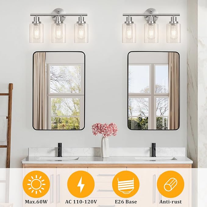 Unicozin Modern Bathroom Light Fixtures, 3 Light Vanity Lights with E26 Bulbs, Brushed Nickel Wall Lamp with Clear Glass for Mirror Living Room Hallway Cabinet Porch