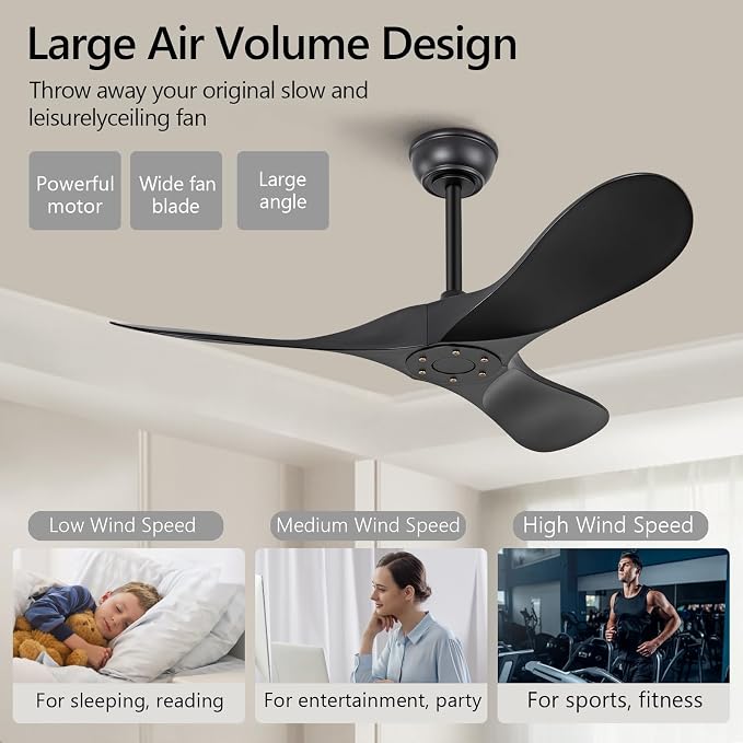 KBZZ 42 Inch Black Ceiling Fans without Lights,6 Speeds,Reversible Silent DC Motor,3 ABS Blades,Modern Ceiling Fan no Light with Remote for Indoor Outdoor Farmhouse Office Patio