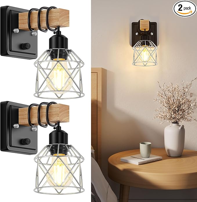 FadimiKoo Wall Sconces Set of Two, Bedside Wood Wall Lamps with Rotary Switch, Black Bathroom Vanity Light with Silver Wire Cage, Rustic Dimmable Sconces Wall Lighting for Living Room, Hallway, Mirror