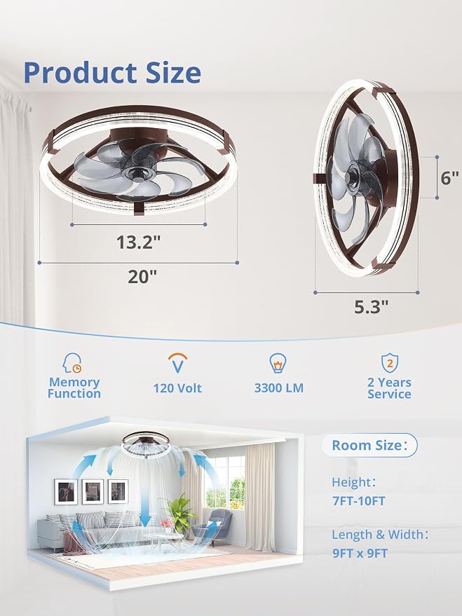 ZMISHIBO Low Profile Ceiling Fans with Lights, Flush Mount Modern Ceiling Fan and Remote Control, 20" LED Ceiling Fans, Stepless Dimmable 3 Colors and 6 Speeds (Brown, 20")