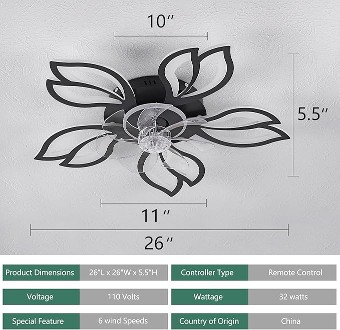 Modern Ceiling Fans with Lights, Low Profile Ceiling Fan with Remote for Bedroom, Flush Mount Ceiling Fan with LED Dimmable Light,3-Colors, 6-Speeds, Timing CeilingFan Light-Black Leaves