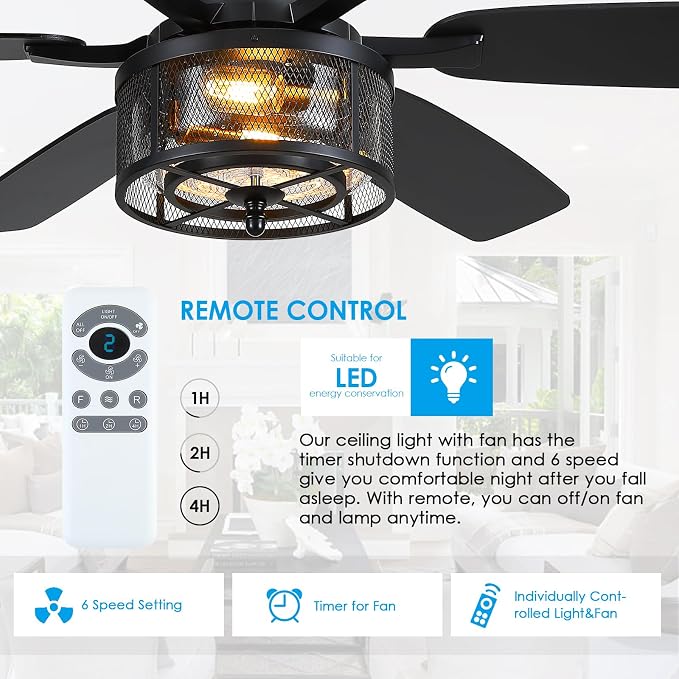 Hounberi 52" Farmhouse Ceiling Fans with Lights and Remote, Black Industrial Caged Ceiling with Seeded Glass, 6-Speed Reversible Quiet DC Motor, Black Ceiling Fan with Light for Living Room Kitchen