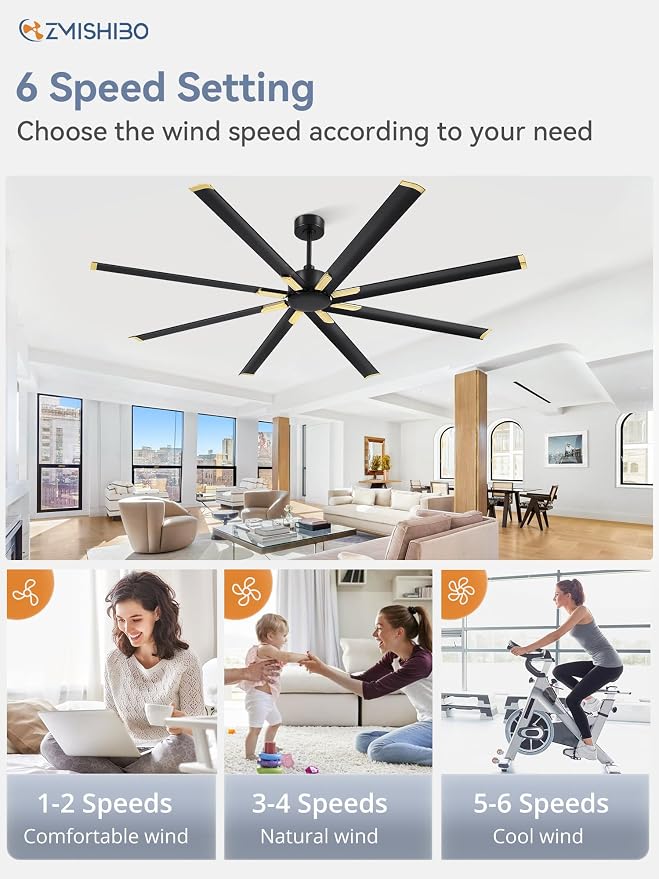 ZMISHIBO 84 Inch Industrial DC Motor Ceiling Fan, Large Ceiling Fan with 8 Reversible Blades, 3 Downrods, 6-Speed Remote Control, Home or Commercial Ceiling Fans for Porch/Garage/Shop, Black and Gold