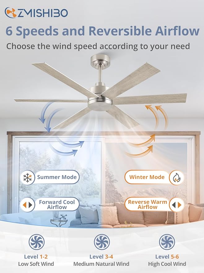 ZMISHIBO 48 Inch Ceiling Fans No Light, Brushed Nickel Ceiling Fan Wth No Light, 6 Blades, Quiet Reversible DC Motor, 6-Speeds, Ceiling Fan Modern for Living Room, Bedroom, Office, Indoor/Outdoor Use
