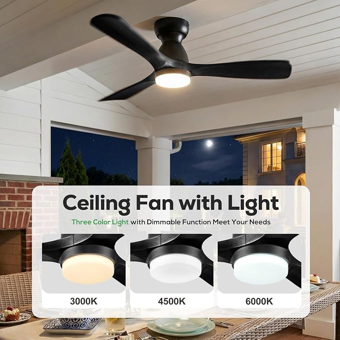 60in Smart Flush Mount Ceiling Fans with Lights,Outdoor Low Profile Ceiling Fan Quiet DC Motor,Work with Alexa/Gg Voice Control/App/Remote,Dimmable,6-speed,3 Wood blades Fan for Patio,Black