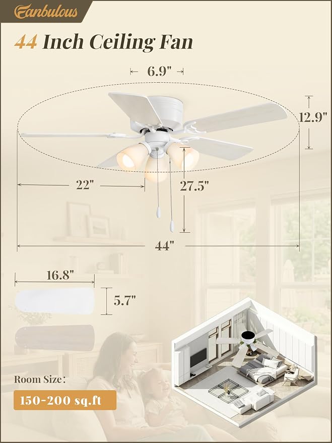 Fanbulous 44" White Flush Mount Ceiling Fan with Light & Remote, DC Motor | Shatterproof PP Shades, Pull Chain Control, Low Profile for Bedroom, Living Room, Kitchen