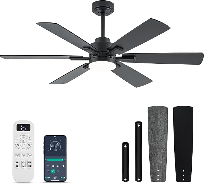 OURSTAR Ceiling Fans with Lights and Remote Control, Black Ceiling Fan with Light 3-Color LED Dimmable, Memory for Lighting and Fan Reversible, 6-Speed, Timer, Indoor/Outdoor Use, 52 Inch