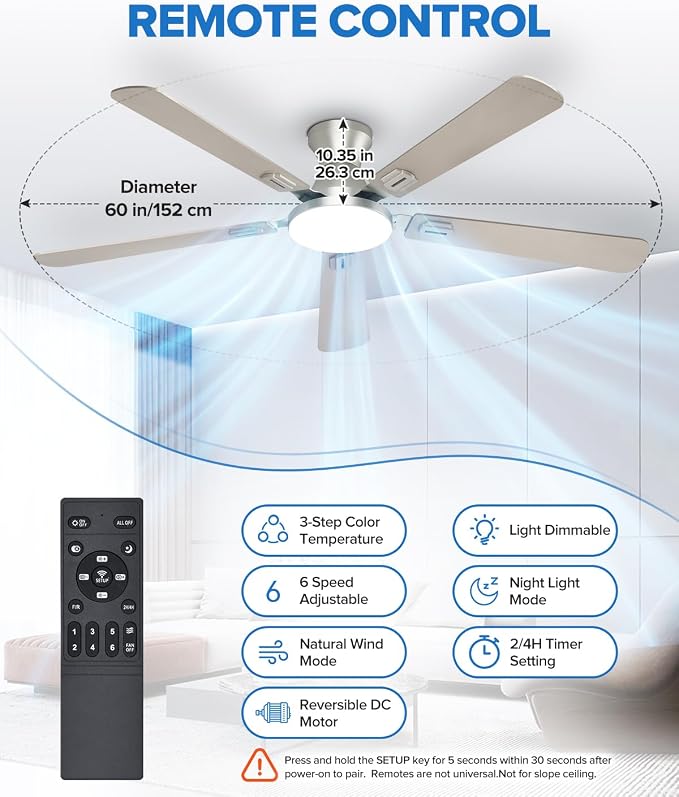 UME 60" Ceiling Fan with Lights & Remote, 6 Blades Low Profile Ceiling Fan, Quiet DC Motor, Natural Wind, 6 Speeds, 3CCT Dimmable 20W LED Modern Ceiling Fan for Bedroom, Living Room, Nickel