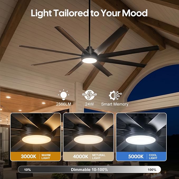 72 Inch Outdoor Ceiling Fan with Light, Modern Black Smart Ceiling Fan with Alexa/App/Remote Control, 8 Anti-Rust Aluminum Blades, High 9799 CFM Quiet DC Motor, Damp Rated for Patio Living Room Garage