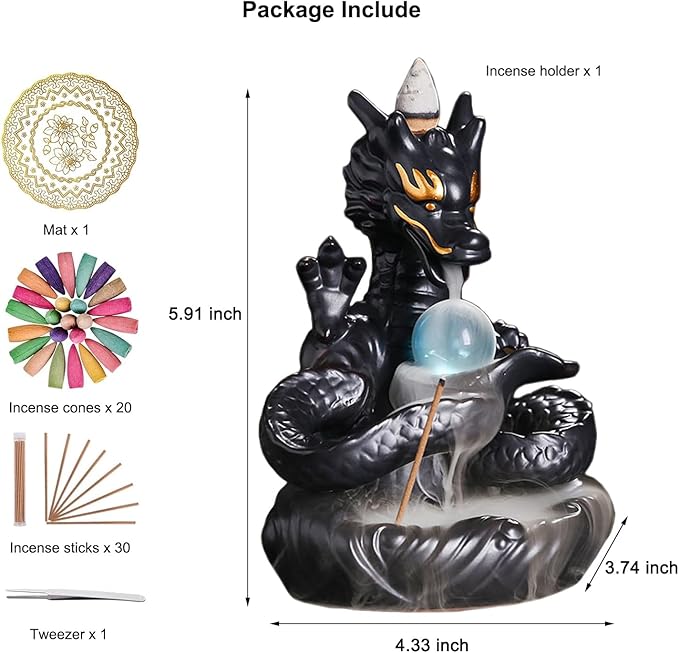 Dragon Shape Incense Waterfall, Ceramic Backflow Incense Holder, Handmade Waterfall Incense Burner with 20 Backflow Incense Cones + 30 Incense Sticks, Home Office Decor