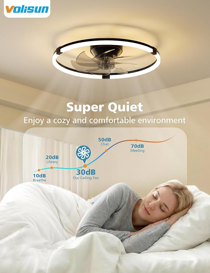 VOLISUN Low Profile Ceiling Fan with Lights and Remote, 19.7in Bladeless Ceiling Fans with Light Flush Mount, Dimmable Modern LED Fan Light, Black Fandelier Ceiling Fans for Bedroom,Living Room