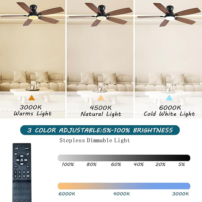 JSAITEE Ceiling Fans with Lights, 52 Inch Low Profile Ceiling Fan with Light and Remote Control, Flush Mount, DC Reversible Motor, Noiseless, Brown 6 Speeds Ceiling Fan for Bedroom