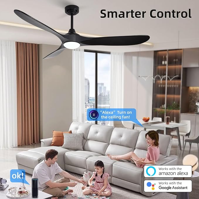60” Outdoor Ceiling Fan with Light 3 Downrods, Smart Wood Ceiling Fan Compatible with Alexa/Google/App, 3 Blades Modern Black Wood Ceiling Fans for Kitchen Living Room Patio