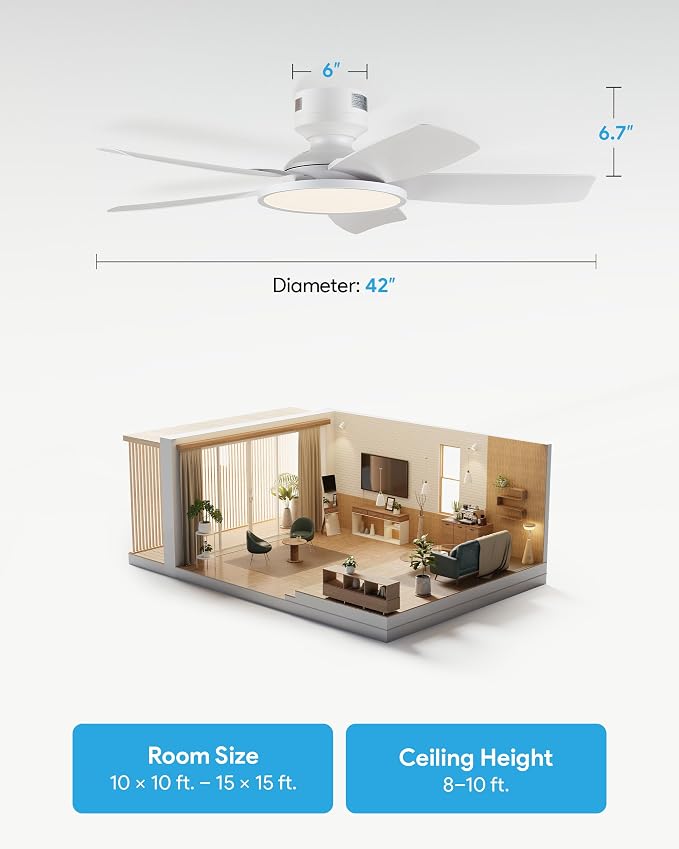 VONLUCE 42 Inch Ceiling Fan with Lights, Quick Install Ceiling Fan and Remote, 6-Speeds Noiseless Reversible DC Motor, 3CCT, Modern Ceiling Fan for Bedroom Living Room Kitchen, White