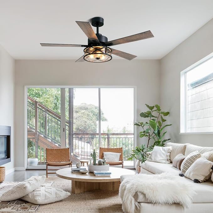 Farmhouse Ceiling Fan with Lights 52 Inch Caged | Bubble glass shade farmhouse fandelier with walnut blades, quiet DC motor, remote, 6 speeds, timer for stylish living spaces.