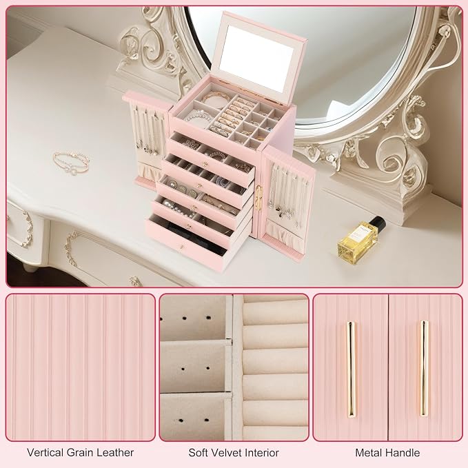 Dajasan Large Jewelry Organizer Box, 6-Tier Jewelry Storage Case with 5 Drawers, Jewelry Boxes for Women Girls with Mirror, Double Door, Textured PU Leather, Gift Idea, Stylish (Pink + Gold)