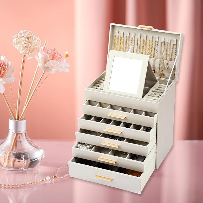 BOOVO Jewelry Boxes for Women, White and Black 6 Layer Large Jewelry Box for Necklace, Bracelet, Earrings, Rings Storage, Jewelry holder Organizer for Girls Gift (Champagne, 6 layer)